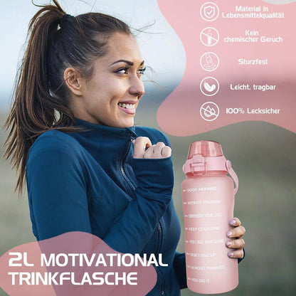 2l Trinkflasche mit Strohhalm und Zeitmarkierung Rosa