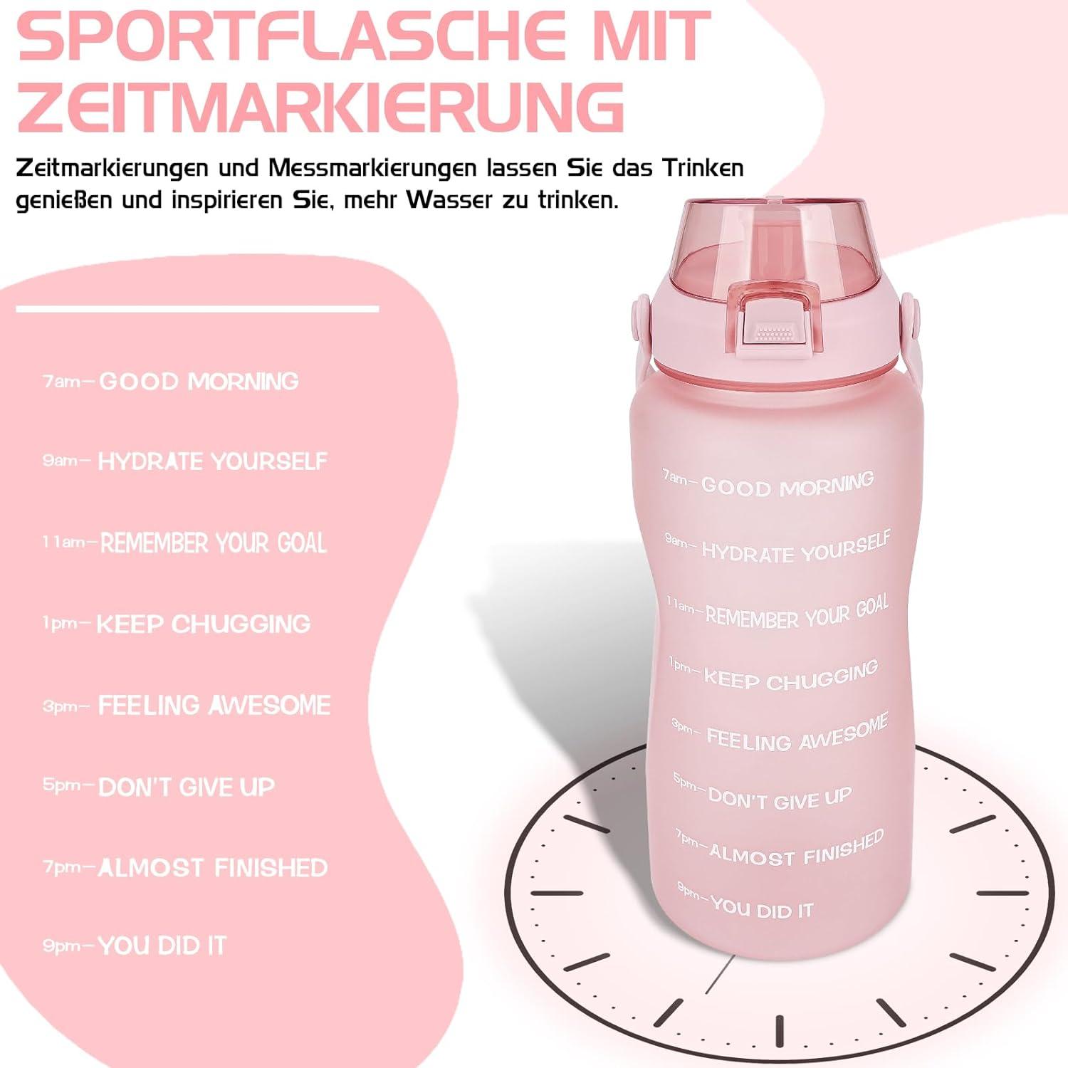 2l Trinkflasche BPA-frei mit Strohhalm und Zeitmarkierung