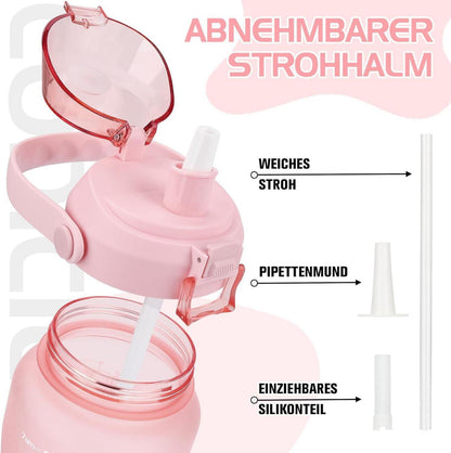 CodiCile 2l Trinkflasche BPA-frei Zeitmarkierung Strohhalm Rosa