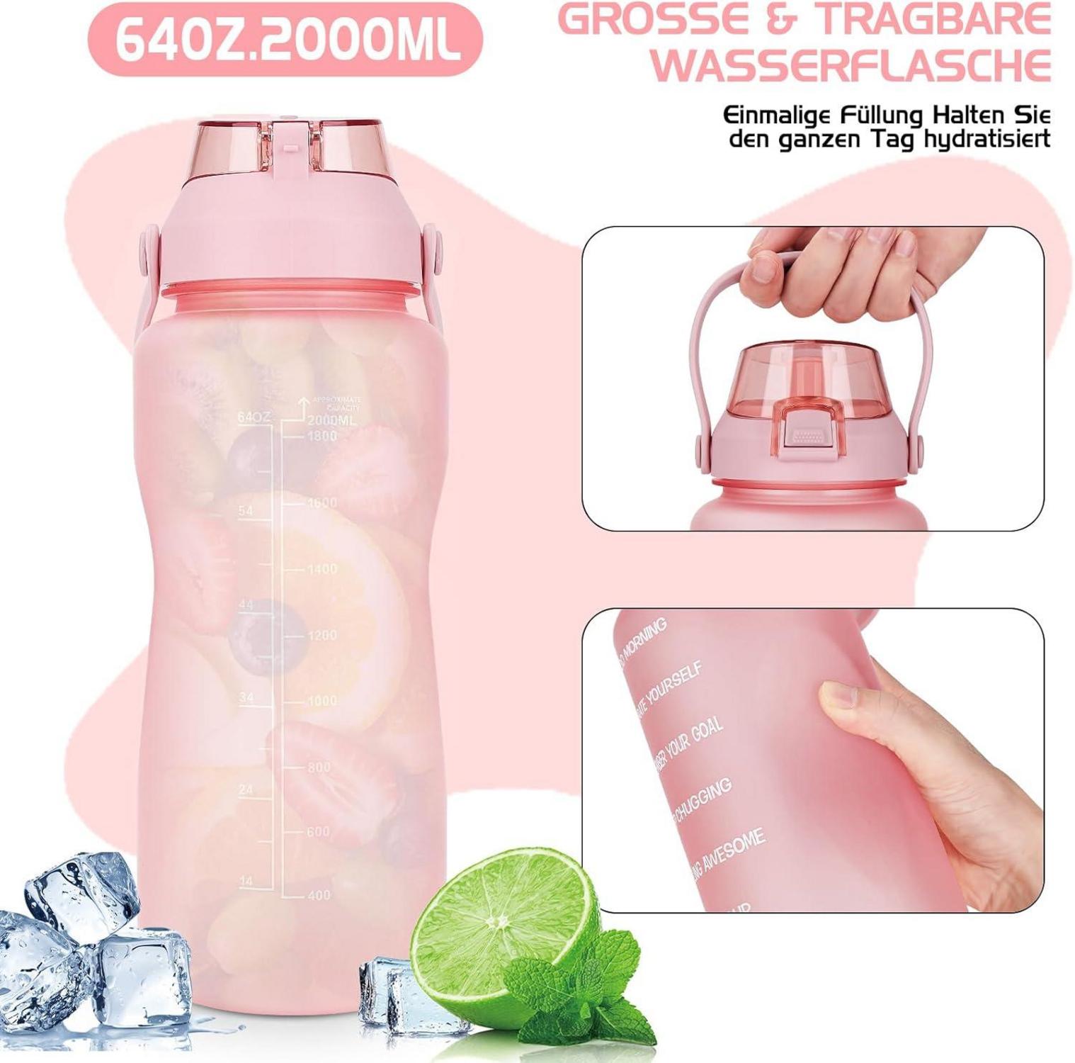 2L Trinkflasche mit Strohhalm BPA-frei Auslaufsicher Zeitmarkierung Rosa