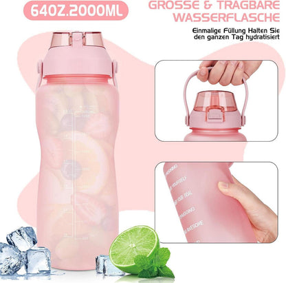 2L Trinkflasche mit Strohhalm BPA-frei Auslaufsicher Zeitmarkierung Rosa