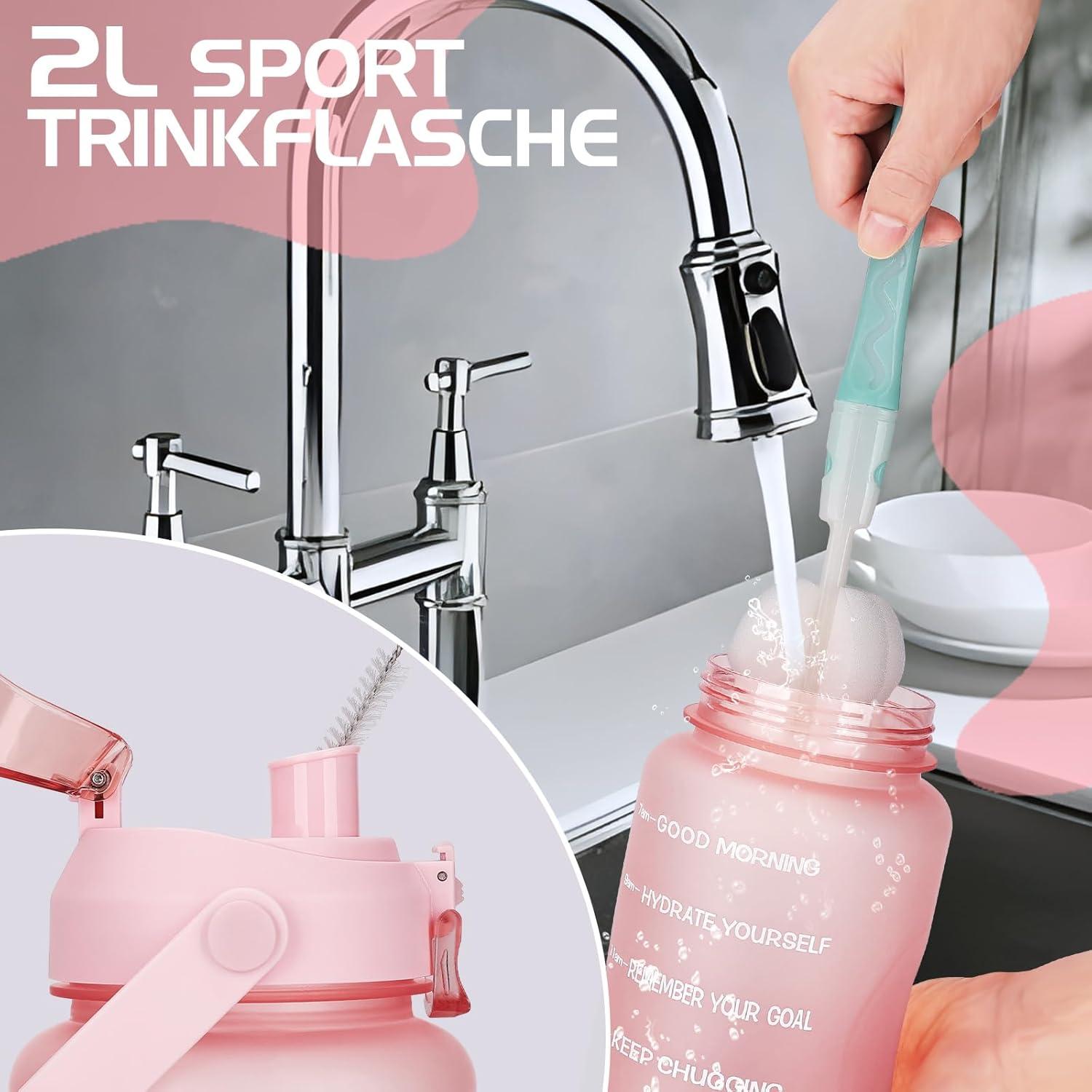 2L Trinkflasche BPA-frei Auslaufsicher mit Strohhalm Zeitmarkierung