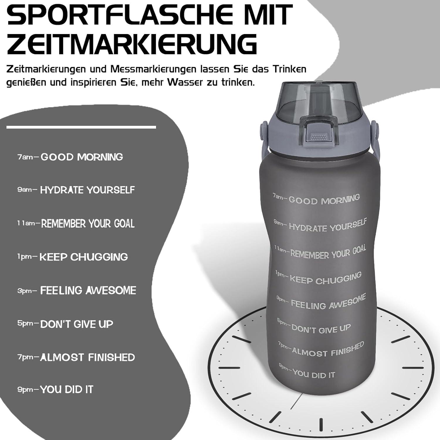 Sportliche 2l Trinkflasche mit Strohhalm und Zeitmarkierung
