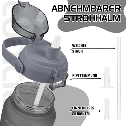 2l BPA-freie Trinkflasche mit Strohhalm und Zeitmarkierung Grau