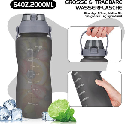 Sport Trinkflasche 2l mit Strohhalm Zeitmarkierung BPA-Frei große Wasserflasche