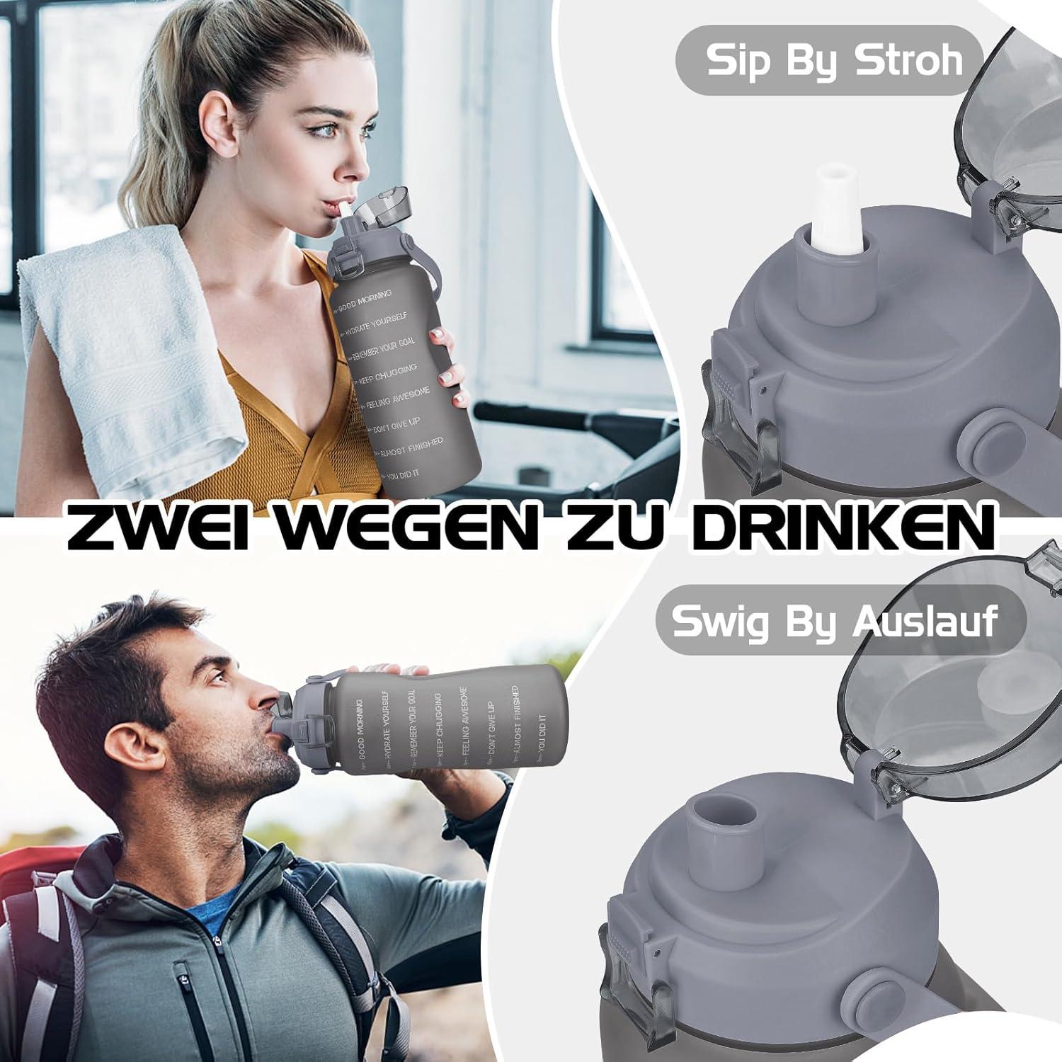 Sport Trinkflasche 2l mit Strohhalm Zeitmarkierung BPA-Frei große Wasserflasche