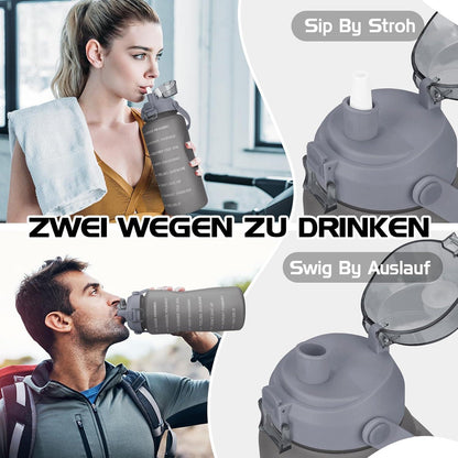 Sport Trinkflasche 2l mit Strohhalm Zeitmarkierung BPA-Frei große Wasserflasche