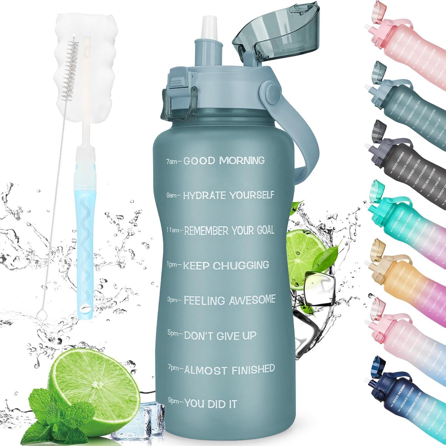 2l Trinkflasche mit Strohhalm und Zeitmarkierung BPA-frei Green