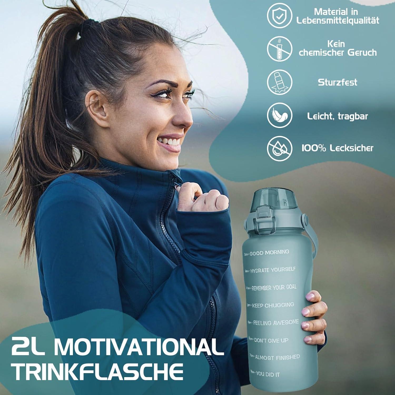 2L Trinkflasche mit Strohhalm und Zeitmarkierung, BPA-Frei