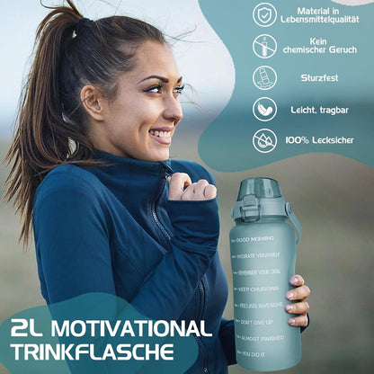 2L Trinkflasche mit Strohhalm und Zeitmarkierung, BPA-Frei