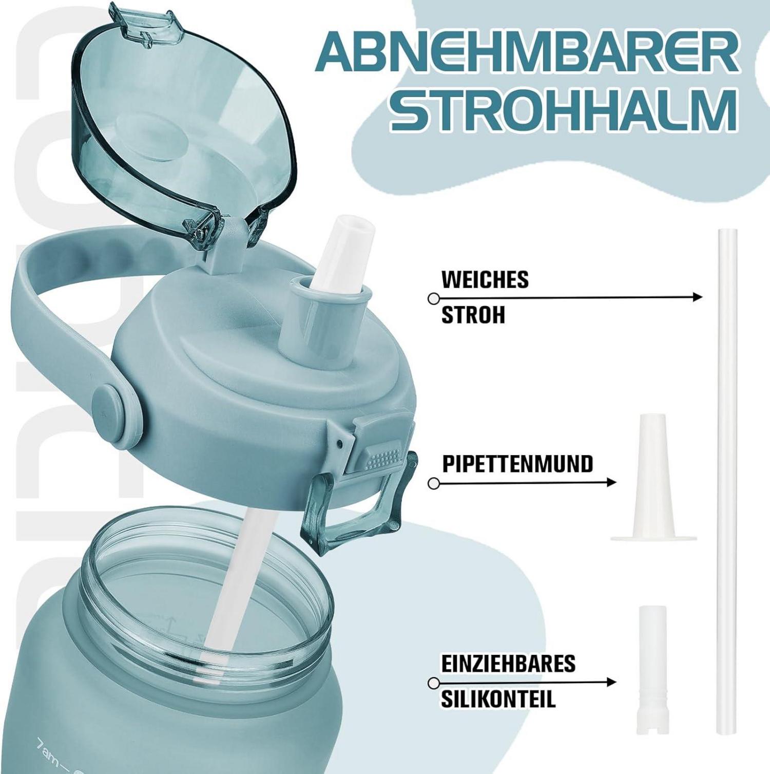 2L Trinkflasche mit Strohhalm und Zeitmarkierung Grün