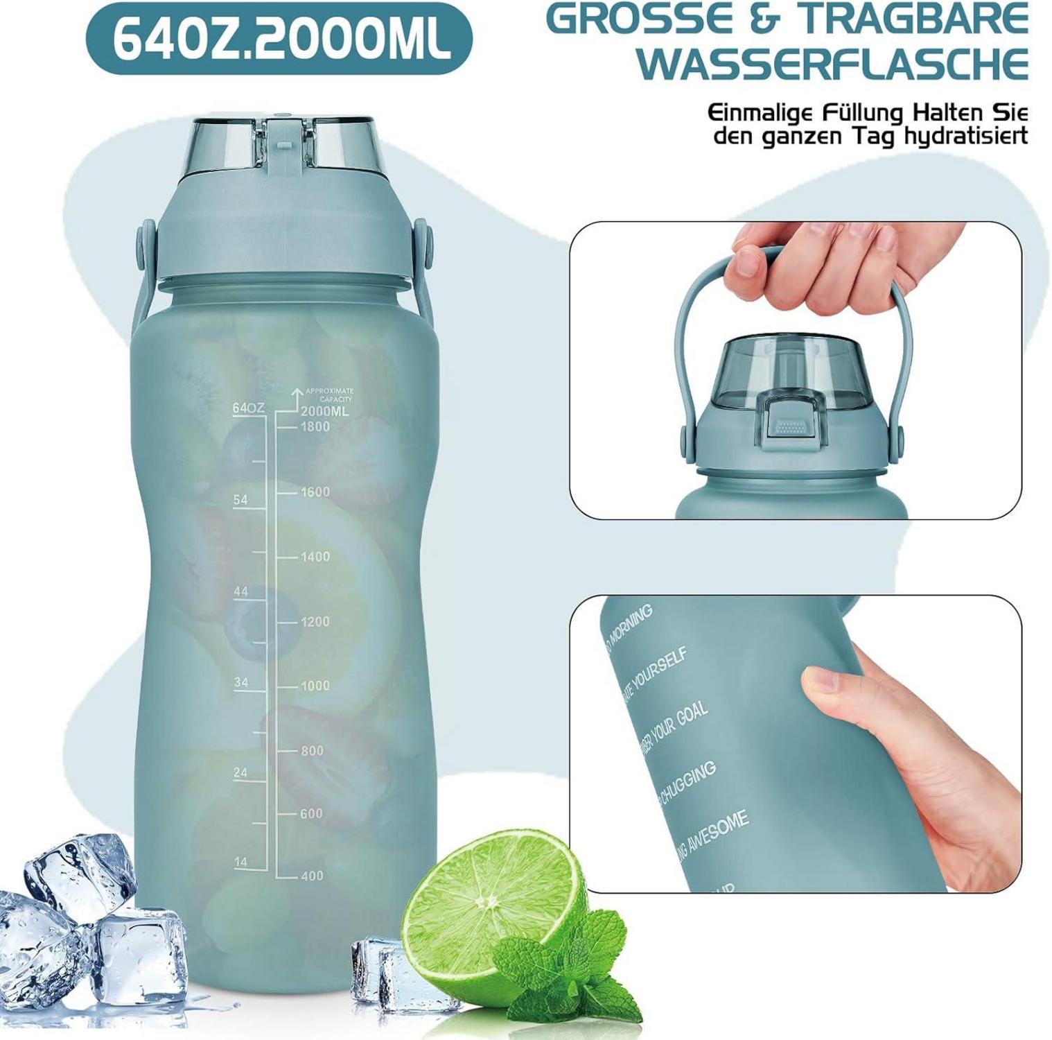 2L Trinkflasche mit Strohhalm, Zeitmarkierung, BPA-frei, Auslaufsicher, Grün