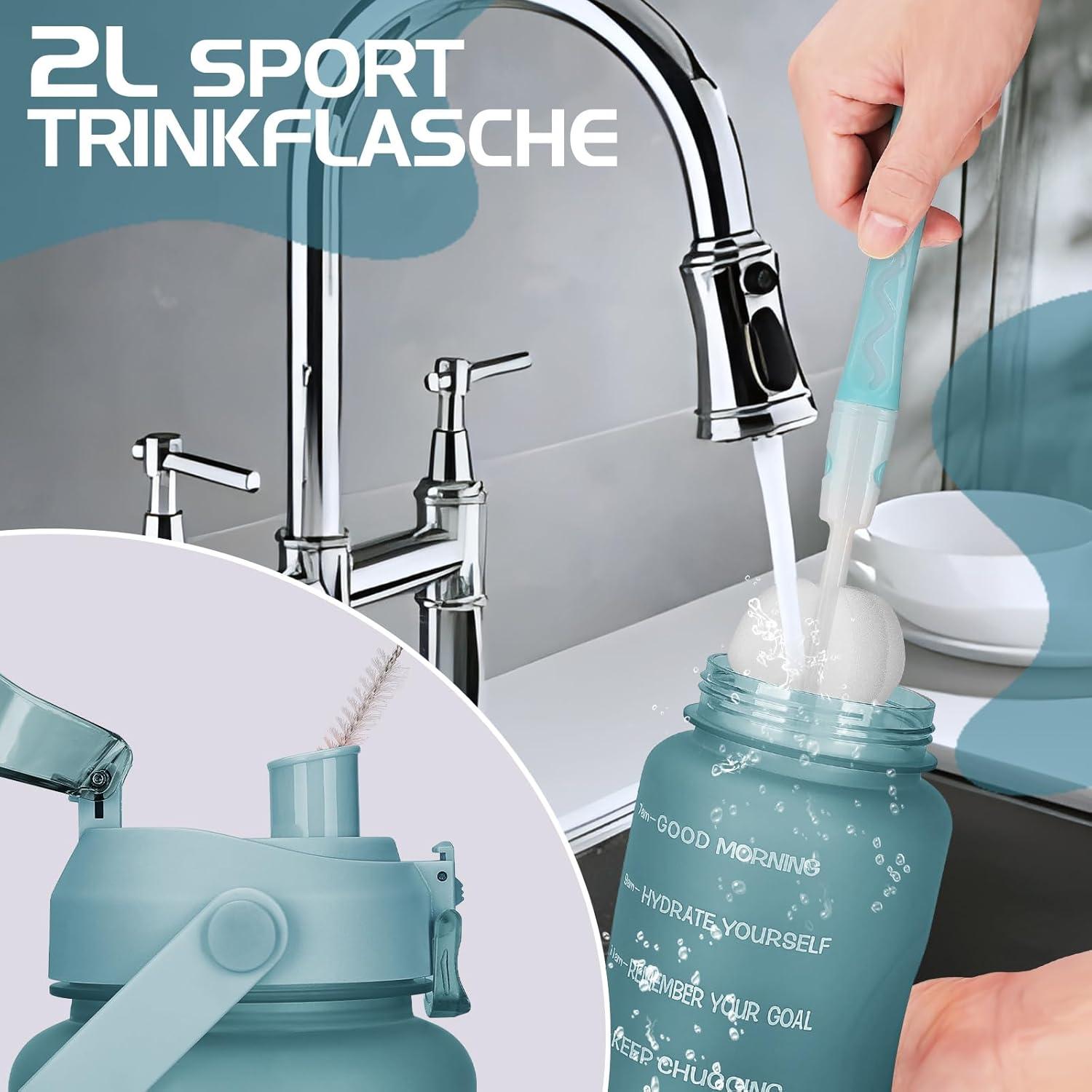 2l Trinkflasche mit Strohhalm und Zeitmarkierung