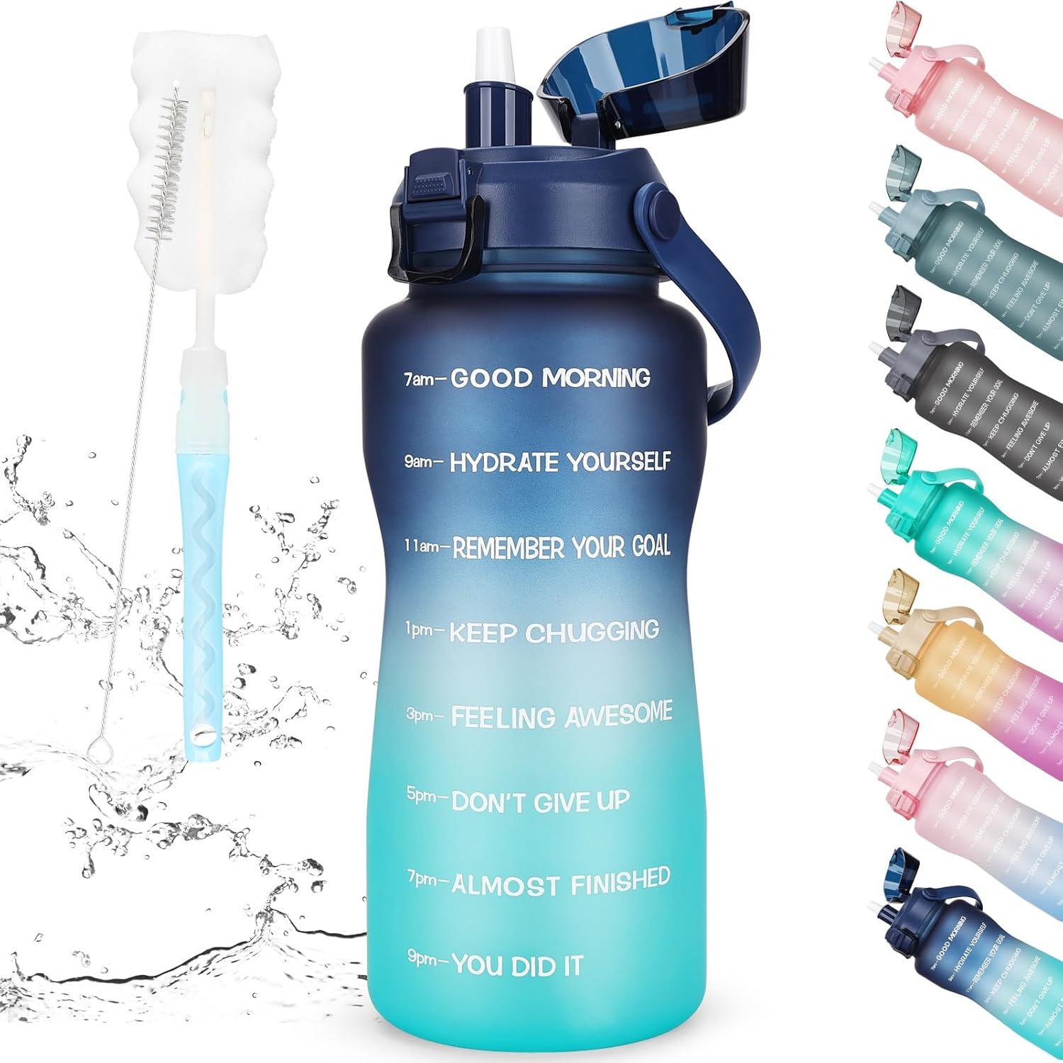 Trinkflasche 2l mit Strohhalm, Zeitmarkierung und BPA-Frei Blau