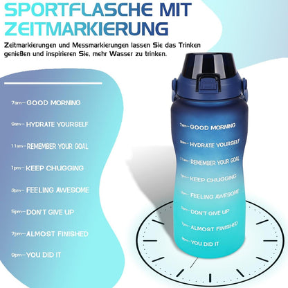 Trinkflasche 2l mit Strohhalm, Zeitmarkierung und BPA-Frei Blau