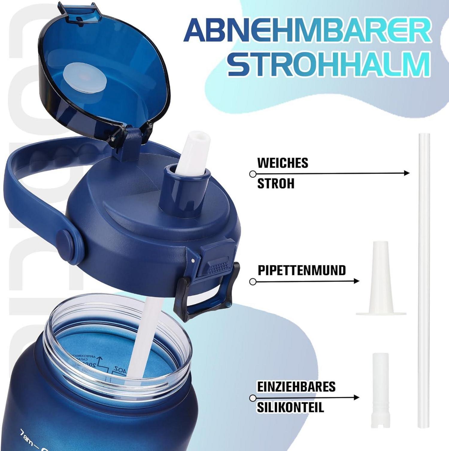 CodiCile 2l Trinkflasche mit Strohhalm und Zeitmarkierung, BPA-frei, Auslaufsicher - Blau