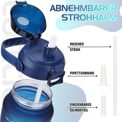 CodiCile 2l Trinkflasche mit Strohhalm und Zeitmarkierung, BPA-frei, Auslaufsicher - Blau