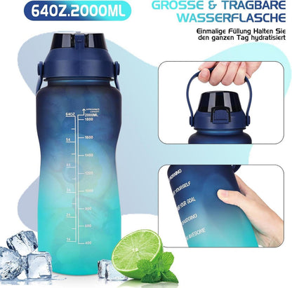2L Trinkflasche mit Strohhalm und Zeitmarkierung, BPA-frei, Auslaufsicher