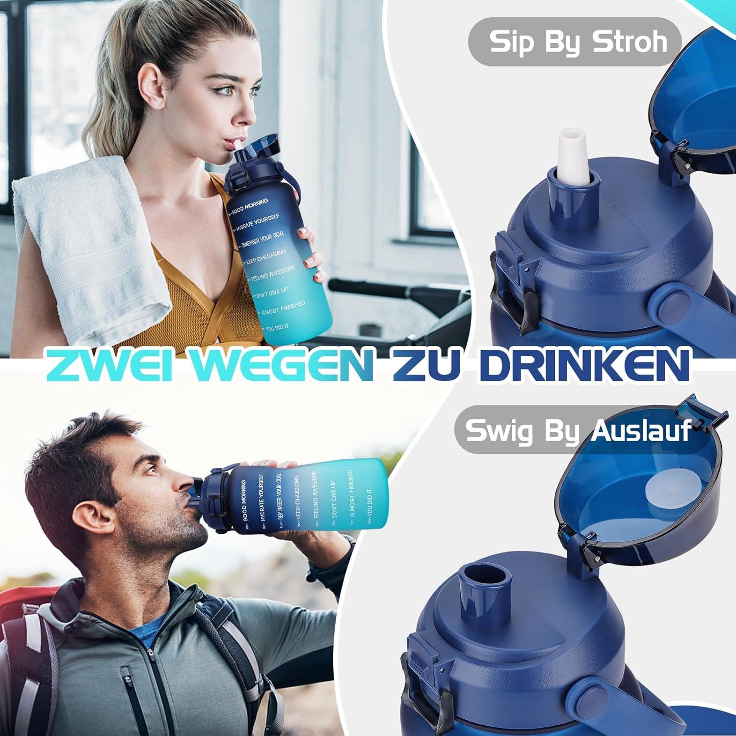 2L Trinkflasche mit Strohhalm und Zeitmarkierung, BPA-frei, Auslaufsicher