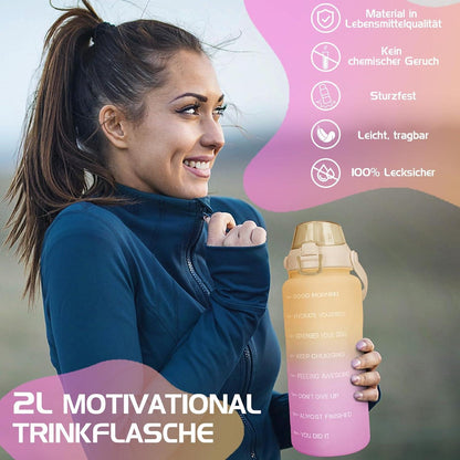 Trinkflasche 2l mit Strohhalm und Zeitmarkierung BPA-frei