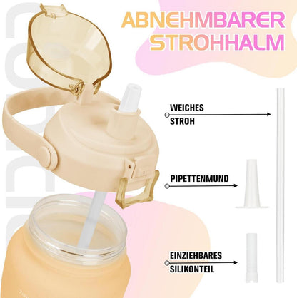 Sport Trinkflasche 2l mit Strohhalm und Zeitmarkierung Gelb Rosa