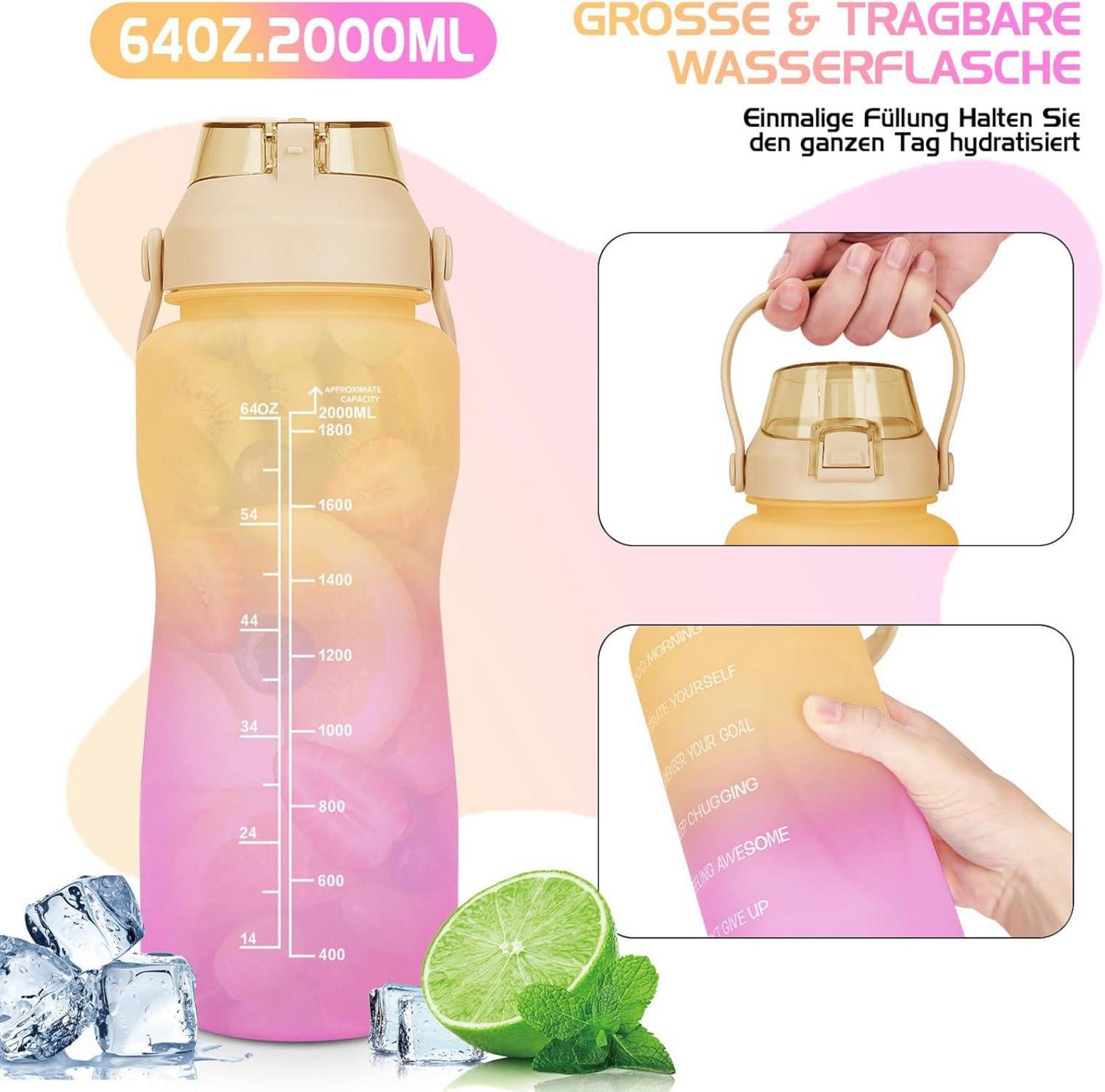 2l Trinkflasche mit Strohhalm und Zeitmarkierung BPA-frei Gelb/Rosa