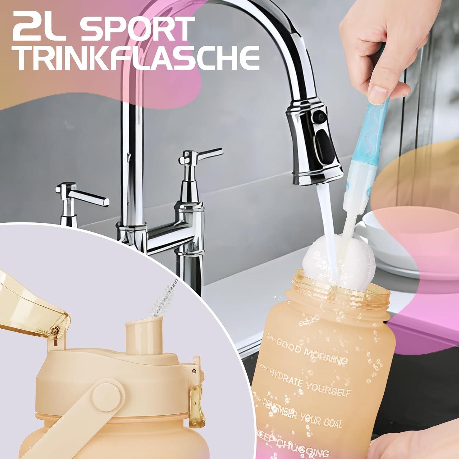 2l Trinkflasche mit Strohhalm und Zeitmarkierung BPA-frei Gelb Rosa