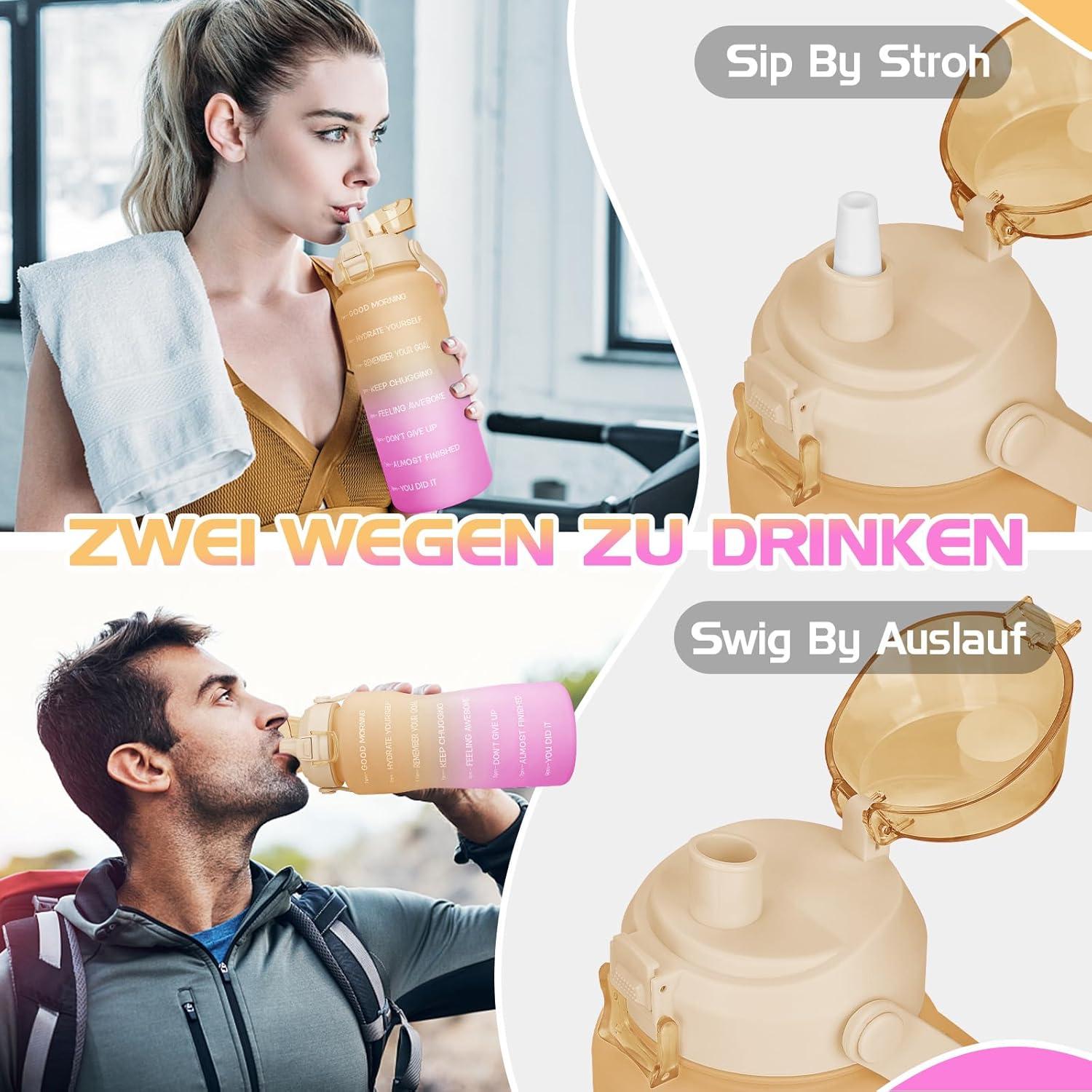 2l Trinkflasche mit Strohhalm und Zeitmarkierung BPA-frei Gelb/Rosa