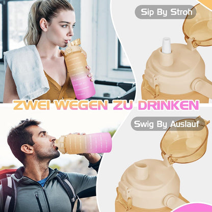 2l Trinkflasche mit Strohhalm und Zeitmarkierung BPA-frei Gelb/Rosa