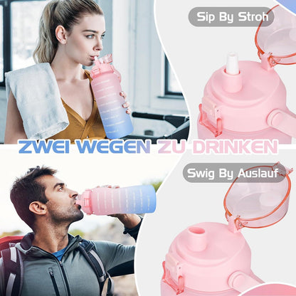 2l Trinkflasche BPA-Frei Auslaufsicher Strohhalm Zeitmarkierung