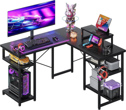 Gaming Tisch Eckschreibtisch Schwarz 128x120cm mit Regal und