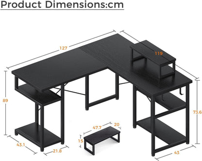 Gaming Tisch Eckschreibtisch Schwarz 128x120cm mit Regal und