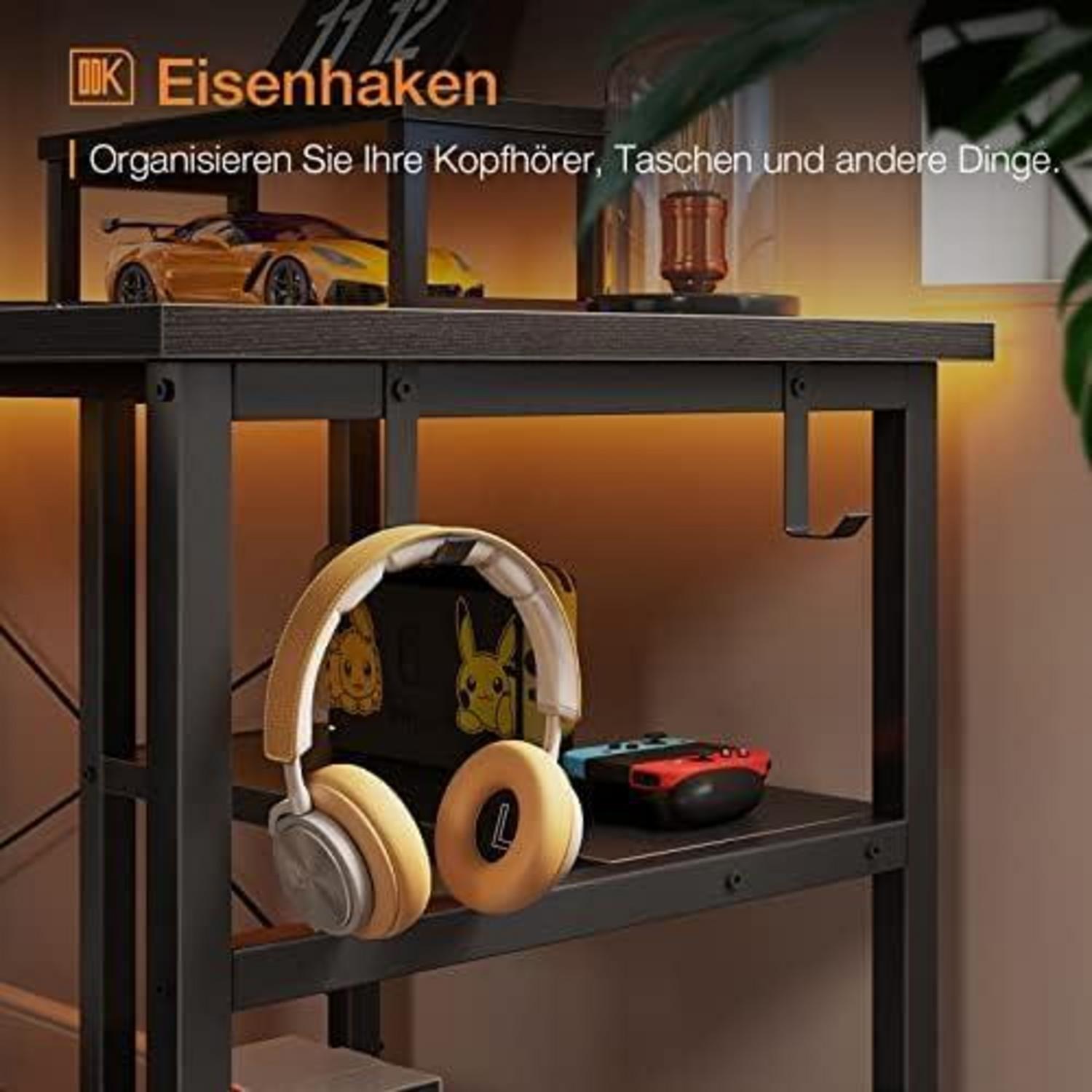 Gaming Tisch mit Regal und Monitorständer, Eckschreibtisch Schwarz