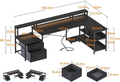 Eckschreibtisch LED Schubladen Steckdosenleiste Schwarz 189.3×100 cm