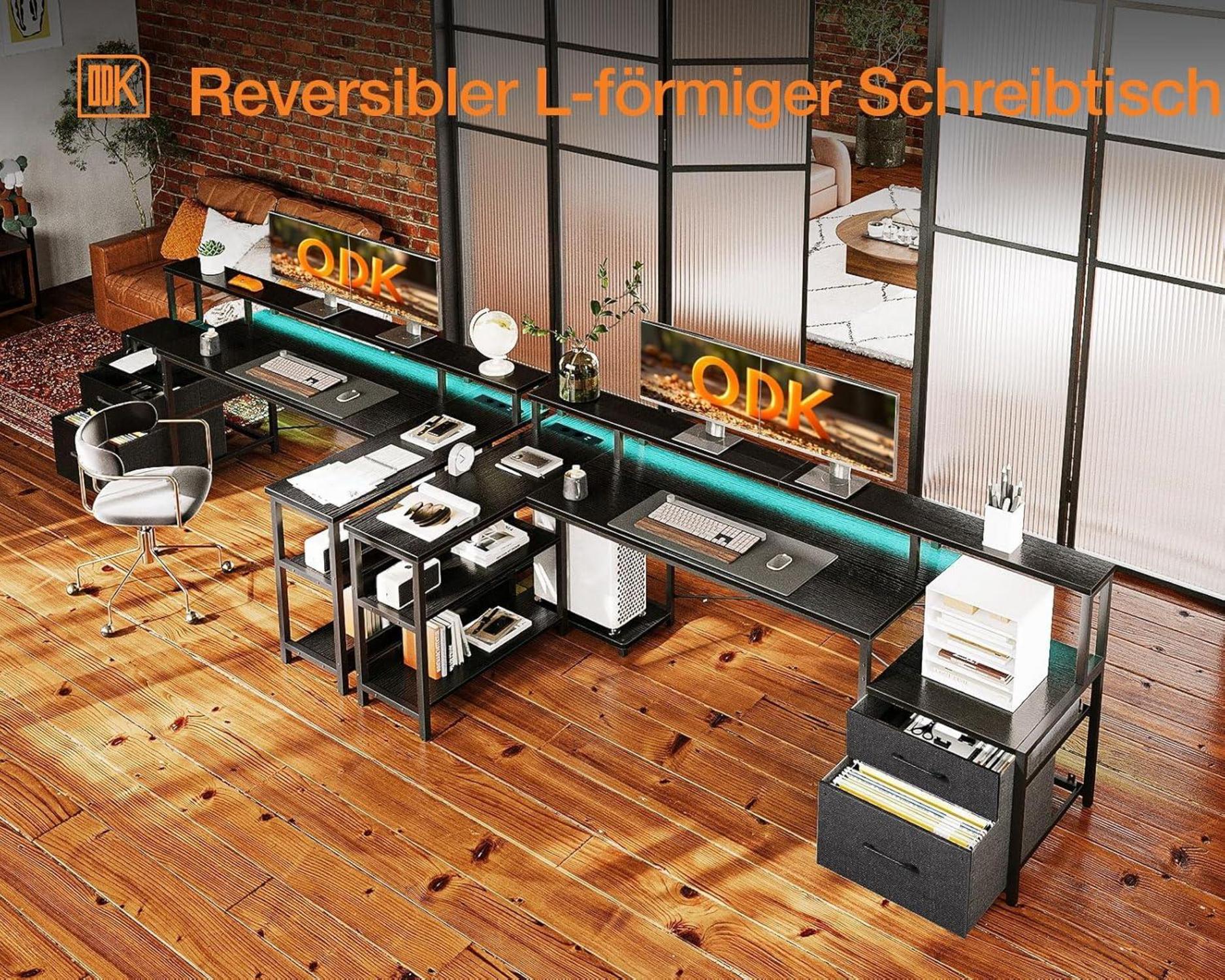 ODK LED Eckschreibtisch L-Form mit Schubladen Schwarz 189x100cm