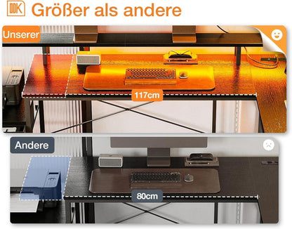 ODK LED Eckschreibtisch L-Form mit Schubladen Schwarz 189x100cm