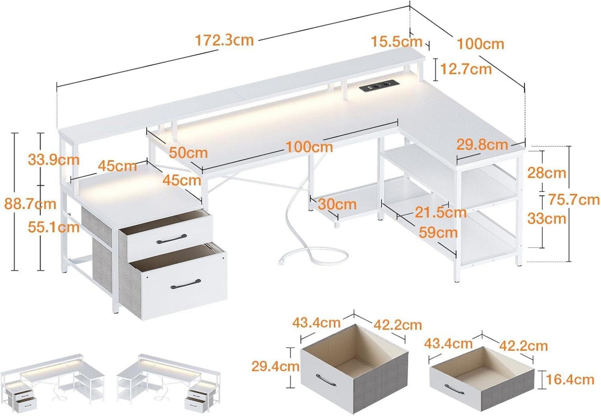 Moderne LED-Eckschreibtisch mit Schubladen & Steckdosen