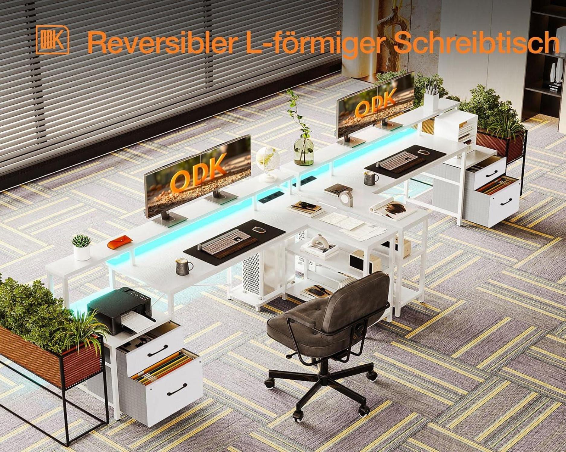 ODK Schreibtisch L-Form LED Groß Weiß 172.5×100cm to02OL