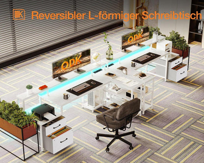 ODK Schreibtisch L-Form LED Groß Weiß 172.5×100cm to02OL