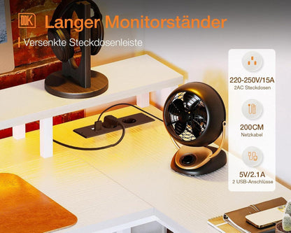 ODK LED Schreibtisch mit USB-Steckdosen, reversibel, groß, L-Form, weiß 172.5cm