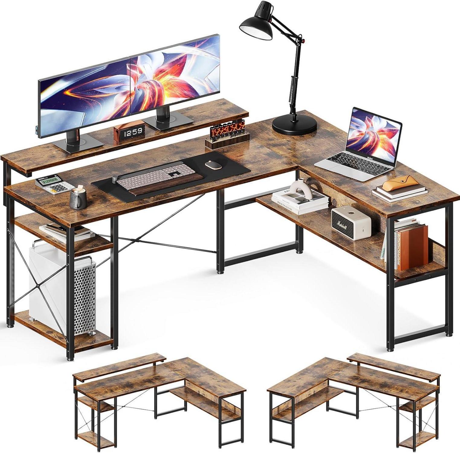 Eckschreibtisch L-Form Monitorständer Regal Vintage-Braun 155×122cm