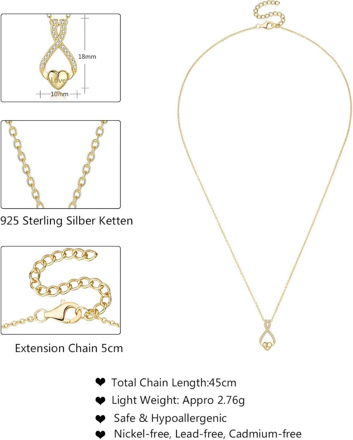 GW Damen Halskette Silber Herzanhaenger Zirkonia Geschenk Frauen