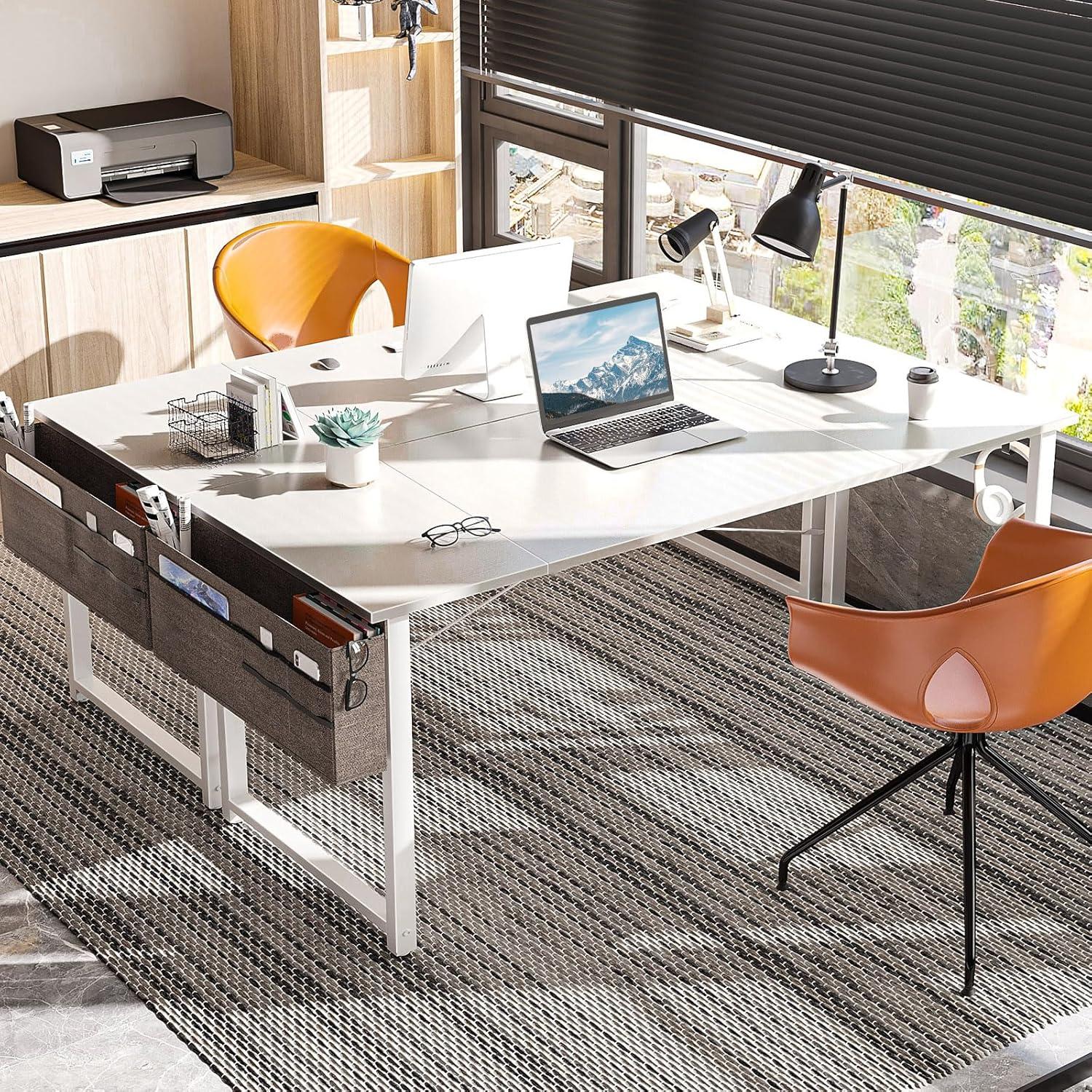 ODK Schreibtisch Weiß 160x55x73,5cm Computertisch Schwarz Bürotisch Kopfhörerhalter Aufbewahrungstasche