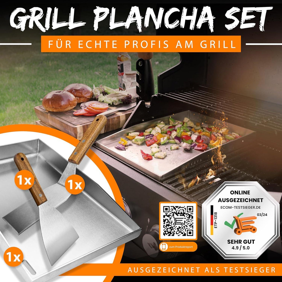 LIKAYA® Grillplatte Plancha 30x40cm massiver V2A Edelstahl