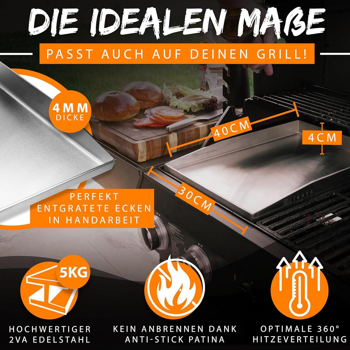 Grillplatte/Plancha aus massivem V2A Edelstahl, inkl. 2 Grillspachteln