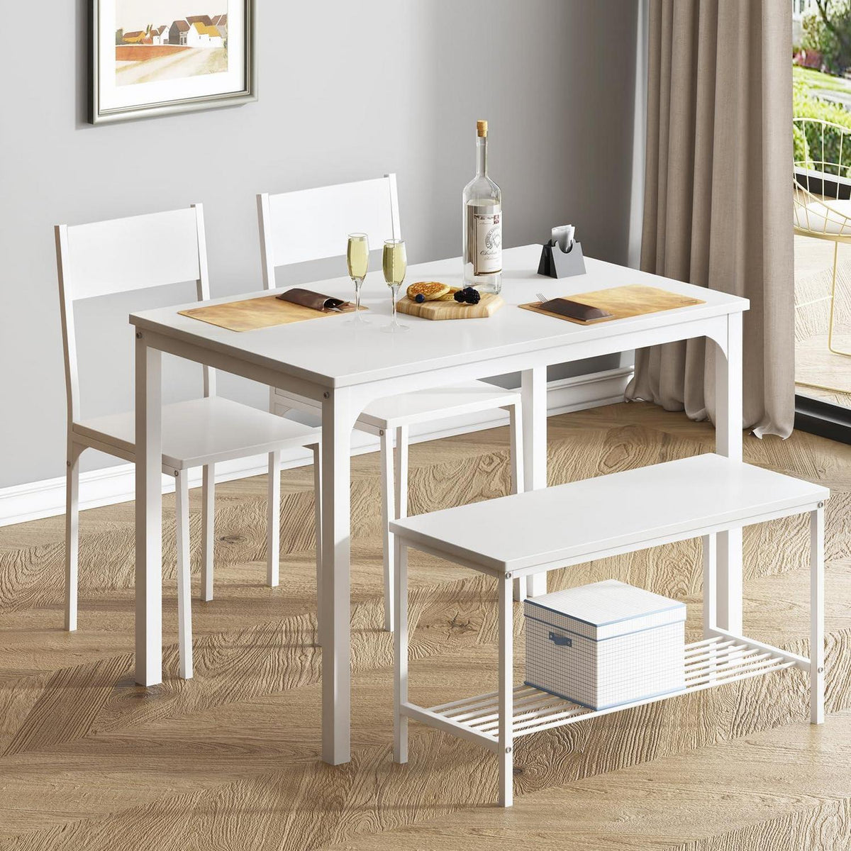 Esstisch-Set für 4 Personen mit Bank & Stühlen – Weiß