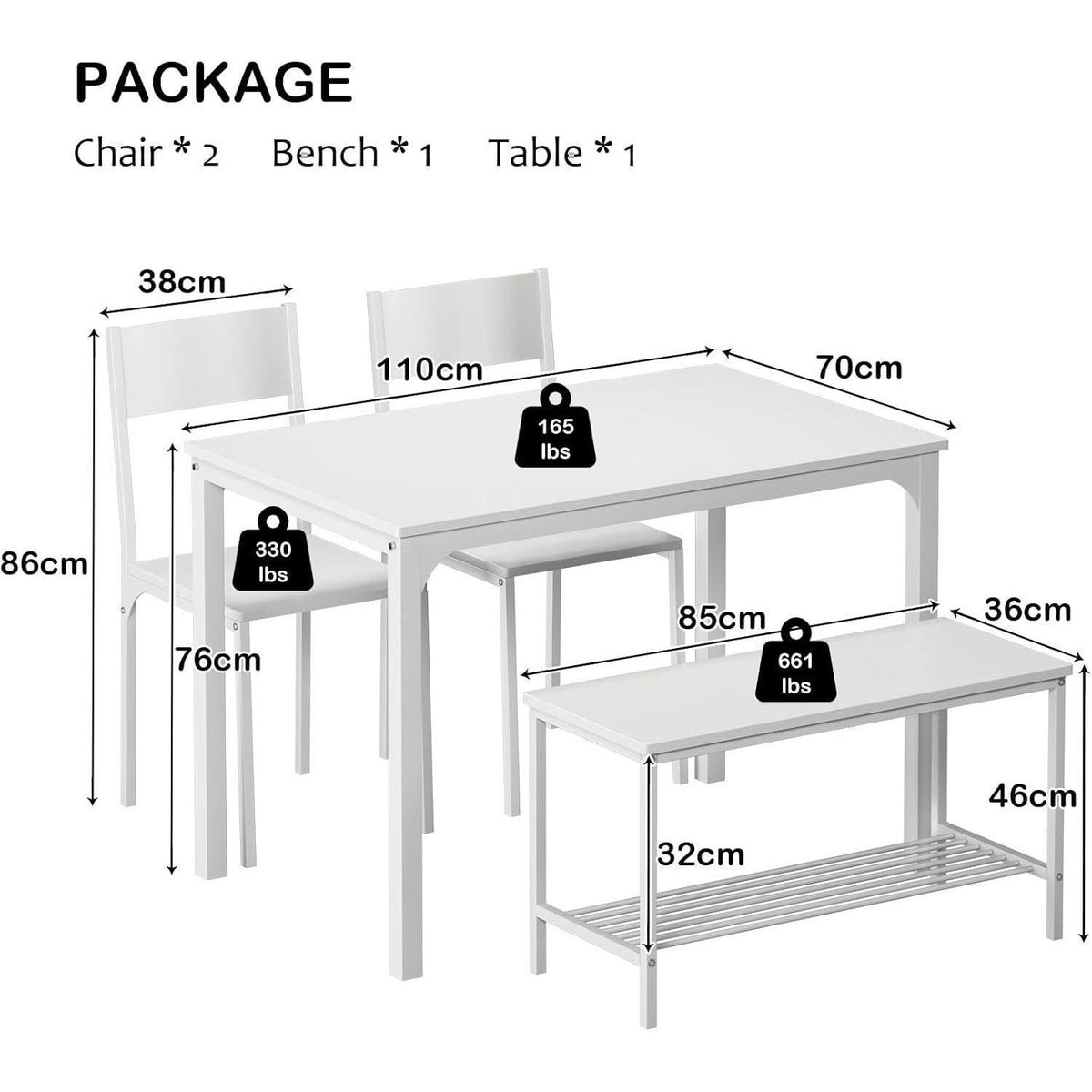 Esstisch-Set für 4 Personen mit Bank & Stühlen – Weiß