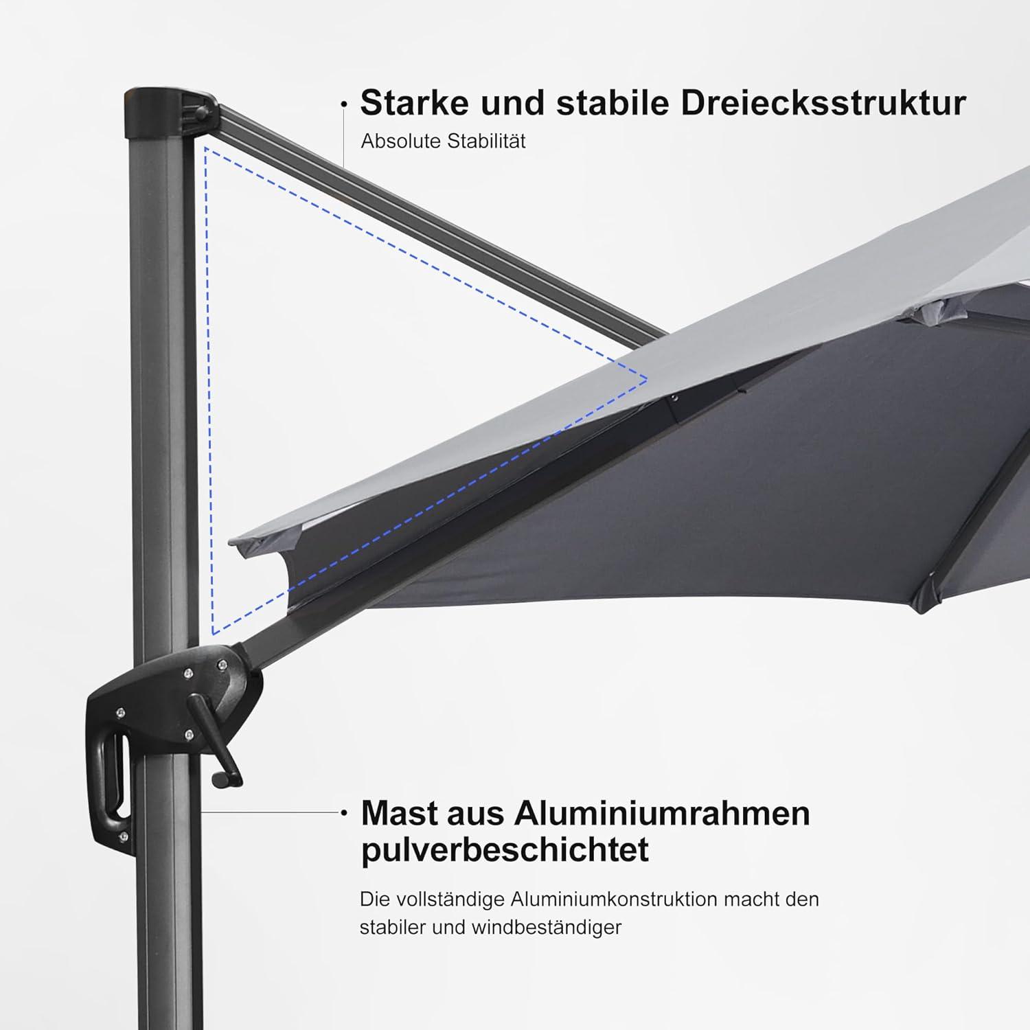 Ampelschirm 270x270 cm Kurbel Aluminium 360°Rotation Hellgrau UV-beständig