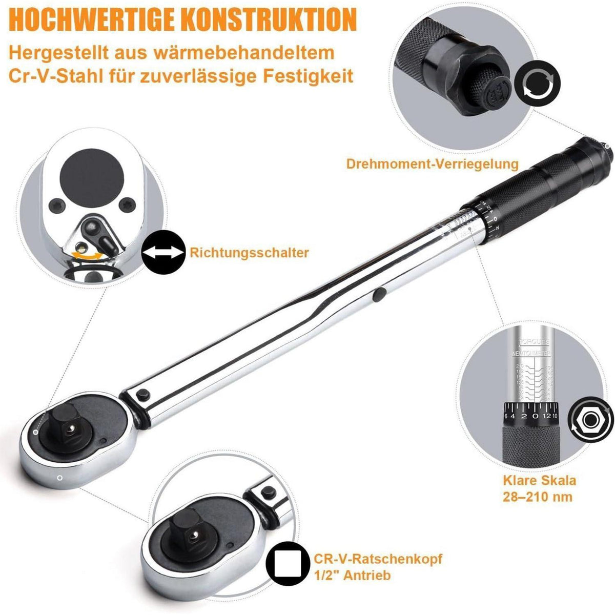 Drehmomentschlüssel 1/2" 28-210 Nm mit Verlängerung und Koffer