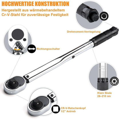 Drehmomentschlüssel 1/2" 28-210 Nm mit Verlängerung und Koffer